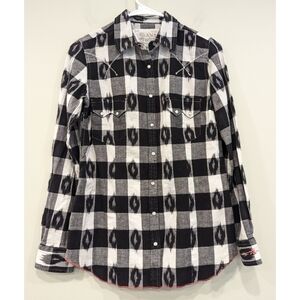 Ryan Michael Cotton Buffalo Check Ikat Long Sleeve Snap Front Shirt Small